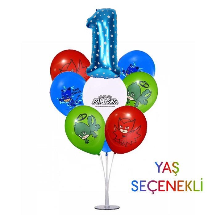 Ayaklı Balon Standı - Pijamaskeliler Temalı ve Yaş Seçenekli